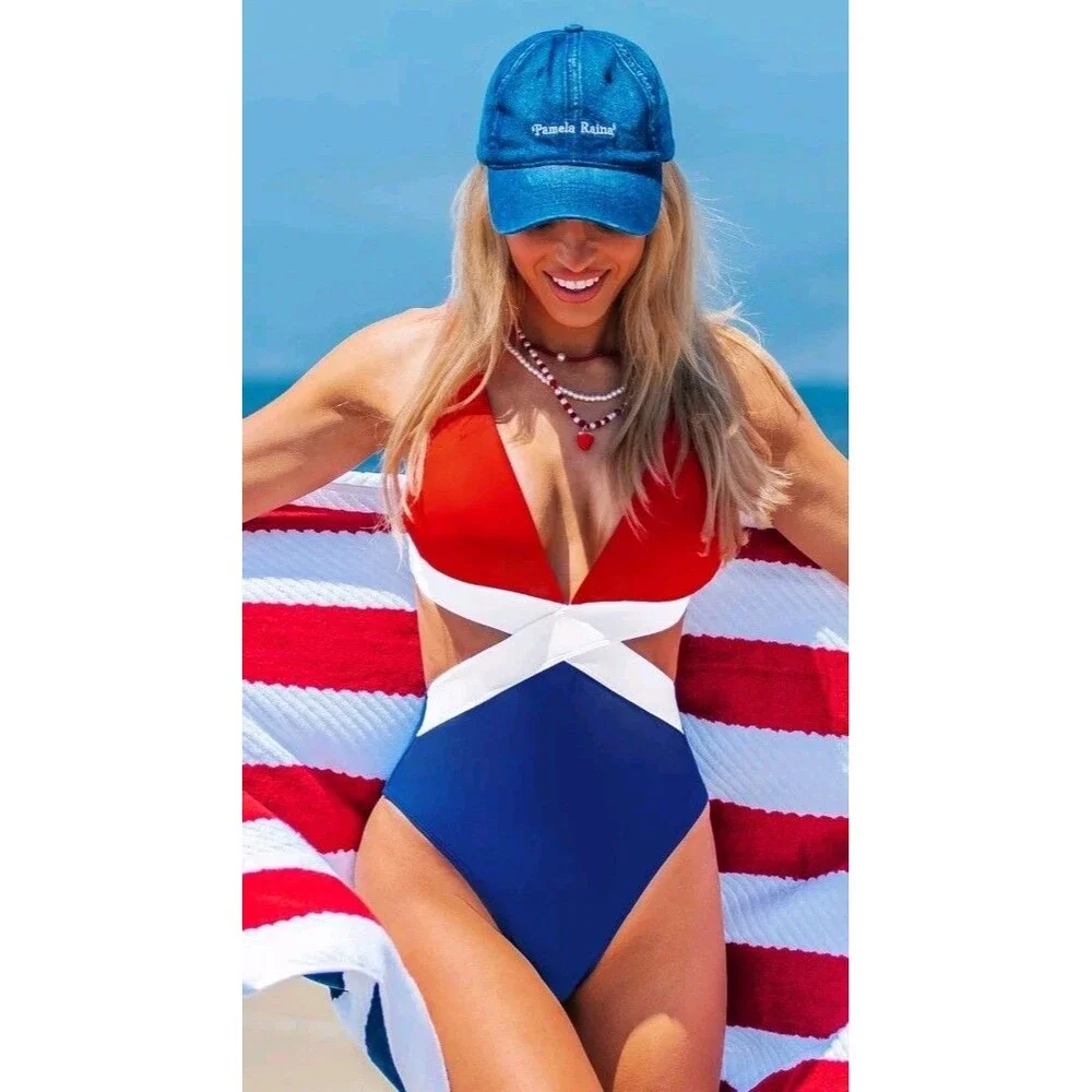 Cupshe Monokini Swimsuit Red White & Blue Sz Med NWT USA Fourth Of July Merica! - Picture 3 of 8